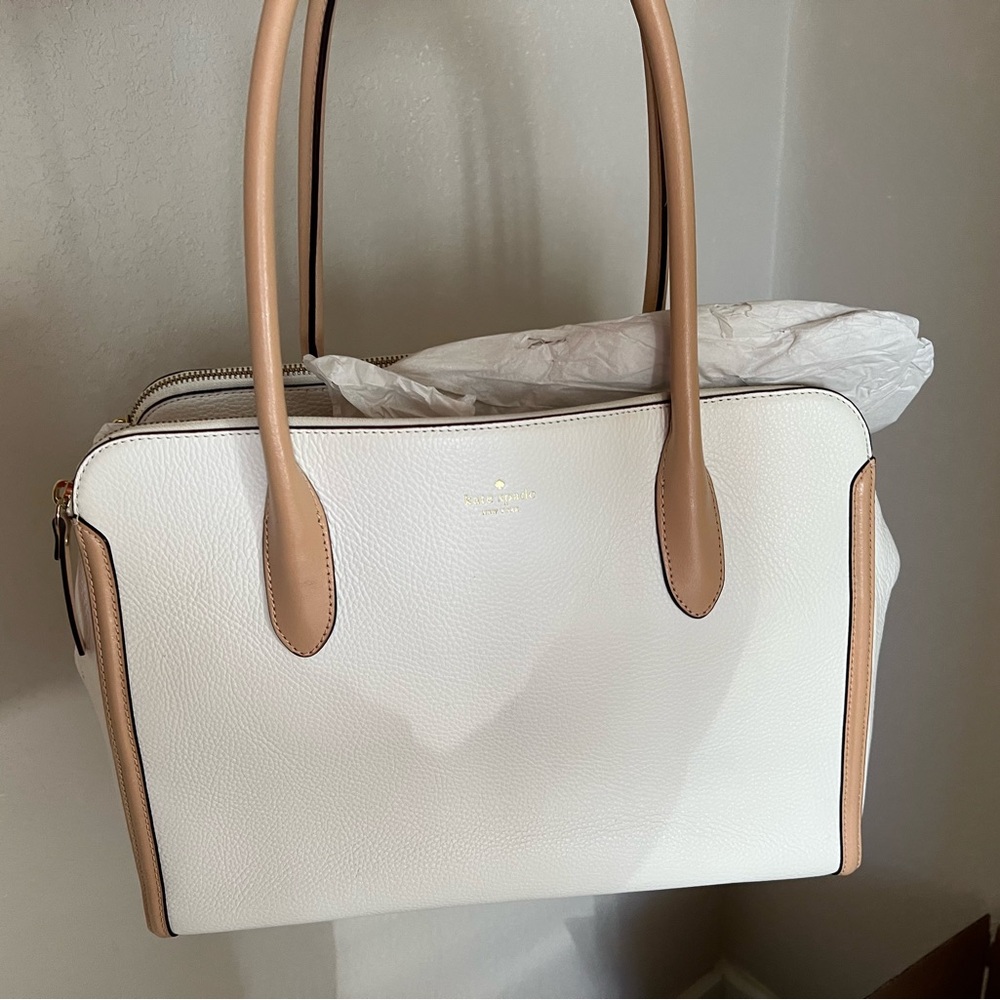 White Pebble Leather Kate Spade Purse with Tan Trim